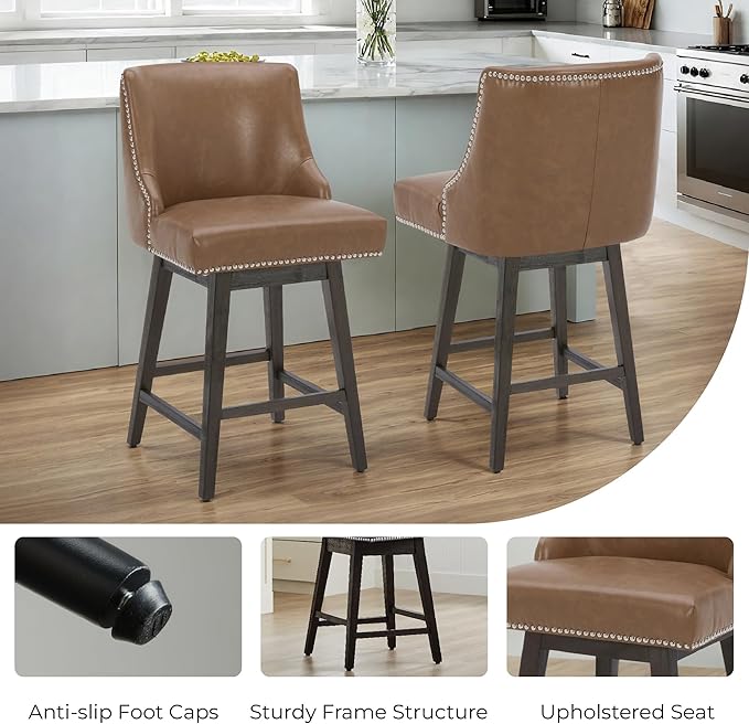CHITA Counter Height Swivel Bar Stools Set of 4, FSC Certified Upholstered Counter Stools, Modern Swivel Barstools with Wood Legs for Kitchen Island, 26" Seat Height, Faux Leather in Saddle Brown