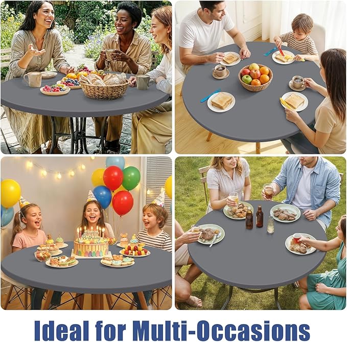 Round Spandex Tablecloth, Elastic Fitted Waterproof Tablecloths for 25"-30" Tables, Stretch Washable Picnic Table Cover for Camping, Dining, Indoor and Outdoor, Grey