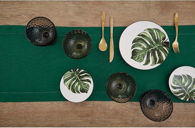 Solino Home Linen Rainforest Green Table Runner 144 Inches Long - 100% Pure Linen Extra Long Table Runner 14 x 144 Inch for Winter, St Patricks Day - Classic Hemstitch