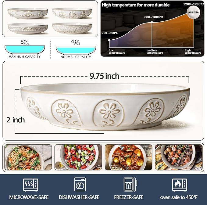 Artena Pasta Bowls, 50oz Large Salad Serving Bowls, 9.75'' Plates Bowls Set of 4, Big White Ceramic Soup Bowls for Kitchen, Embossment Shallow Dinner Bowl, Microwave Dishwasher Safe, Pinwheel Flower
