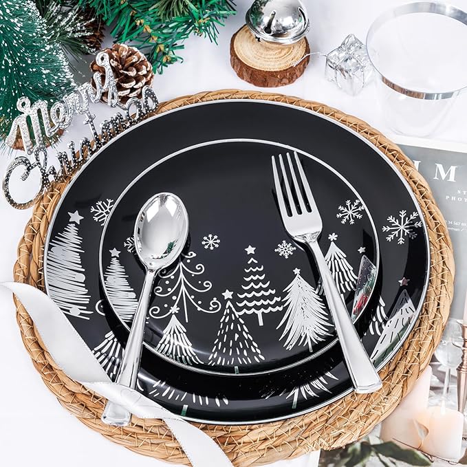 KIRE 150PCS Christmas Plates Disposable & Dinnerware Set for 25 Guests - Black & Silver Plates, Plastic Silverware & Cups With Silver Rim for Christmas/New Year