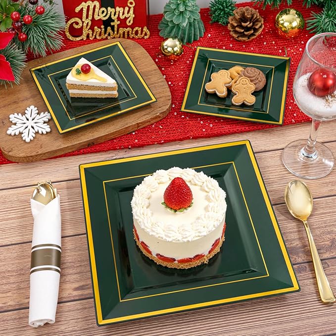 Liacere 100PCS Green and Gold Square Plastic Plates-50PCS Heavy Duty 9.5inch Disposable Dinner Plates and 50PCS 6inch Green Dessert Plate - Gold Plastic Plate for Party&Wedding&Christmas