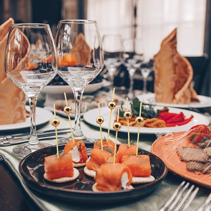 Minisland Gold Pearl Cocktail Picks, 4.7 Inch Long Bamboo Fancy Toothpicks for Appetizers, Decorative Christmas New Year Holiday Party Food Drink Garnish Fruit Kabob Skewer Sticks 100 Counts - MSL150