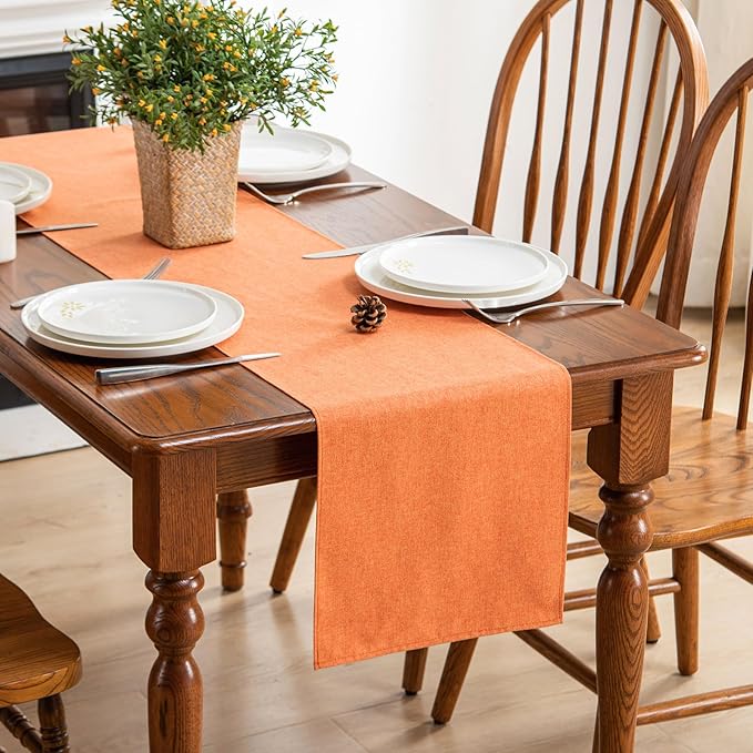Table Runner 13 x 90 Inches Long, Cotton Linen Farmhouse Style Grey Table Linen for Kitchen Dining Coffee Table Parties Wedding Home Decor (Fall-Orange, 13” x 90”)