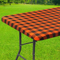 Smiry Rectangle Picnic Table Cloth, Elastic Waterproof Fitted Vinyl Tablecloths, Flannel Backed Buffalo Plaid Table Covers for Dining, Camping, Outdoor (Black and Orange, 30" x 96")