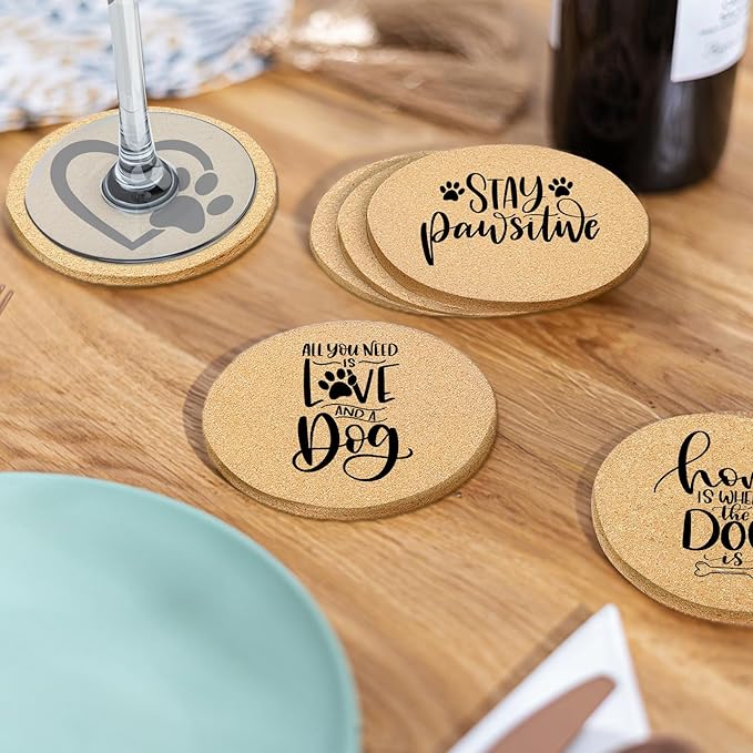 Coasters for Drinks with Set of 6, Cute Dog Coaster for New Home Couples House Warming Gifts Absorbent Paw Cork Wood Bulk for Cup Desk Coffee Table Office Kitchen Decor, Round 4"