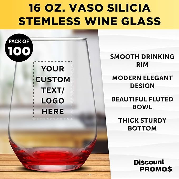 DISCOUNT PROMOS 100 Vaso Silicia Stemless Wine Glasses Set, 16 oz. - Personalized Text, Logo - Clear, Orb-Like, Thick base - Red