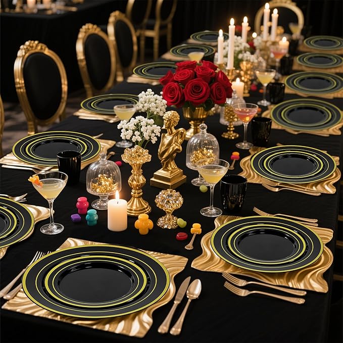 100 PCS Black and Gold Plastic Plates,Disposable Party Black Plates Include 50 10 inch Dinner Plate and 50 7 inch Dessert Plate,Gold Rimmed plates Perfect for Party Holiday,Birthday