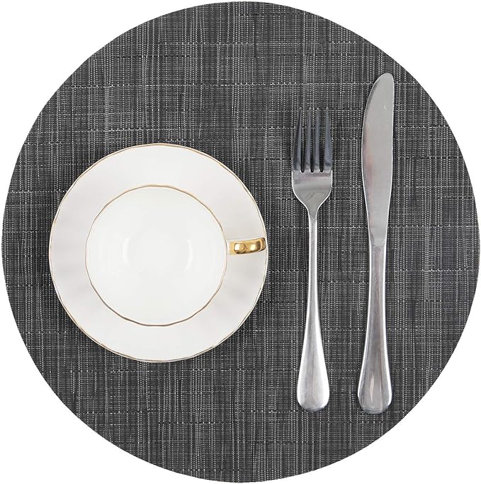 SHACOS Small Round Table Placemats Set of 5 Woven Vinyl Wedge Placemats with Centerpiece Round Table Mats Heat Resistant Wipe Clean (5, Black Gray)