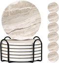 Marble Coasters for Coffee Table, Set of 6 with Holder, Ink&Wash Painting on White Absorbent Ceramic, 4 Inches