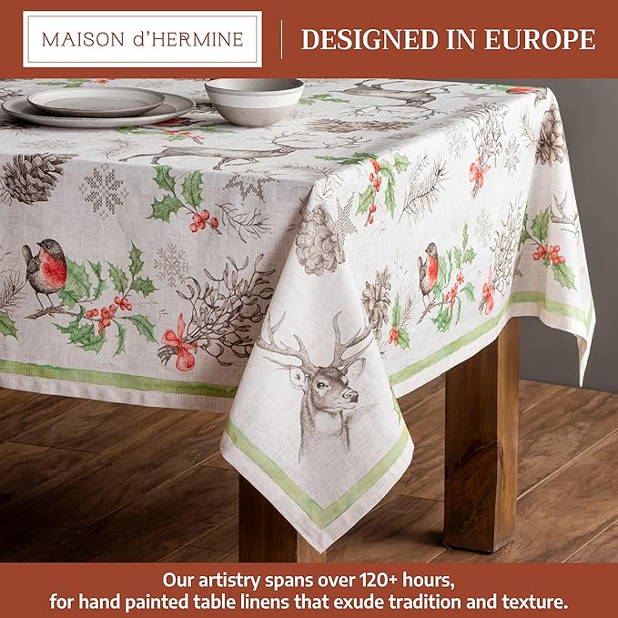 Maison d' Hermine Table Cloth Rectangle Table 100% Cotton 70 x 90 Inches Fall Tablecloth Reusable Everyday Use for Thanksgiving Christmas Decorations Dining Farmhouse Party (Christmas Dew)