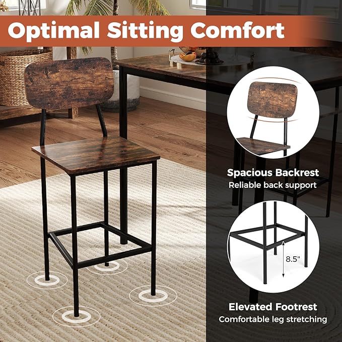 COSTWAY Dining Table Set for 4, 5-Piece Square Kitchen Nook Dinette Set with 4 Bar Stools with Footrest, Backrest, Space-Saving Design, Industrial Kitchen Table and Chairs for Apartment, Coffee