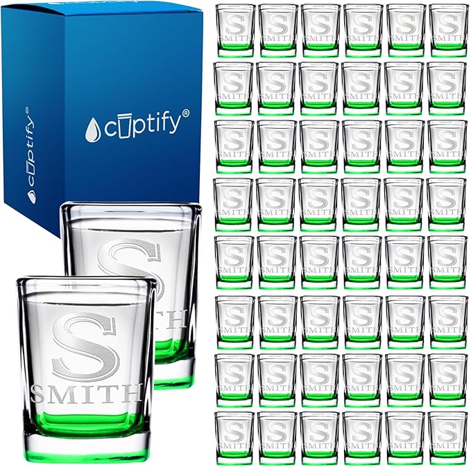 Personalized Square Shot Glasses Set of 50 Green Bottom 2oz Engraved Initial and Name Custom Gifts, Weddings, Birthdays, Party, Event, Decorations