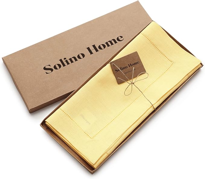 Solino Home Linen Yellow Table Runner 156 Inches Long - 100% Pure Linen Extra Long Table Runner 14 x 156 Inch for Valentines, Spring, Easter - Classic Hemstitch