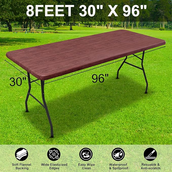 Smiry Rectangle Table Cloth Cover, Waterproof Elastic Fitted Picnic Tablecloth for 8 Foot Tables, Wipeable Flannel Backed Vinyl Tablecloths for Camping, Dining, Outdoor (Reddish Brown, 30" x 96")