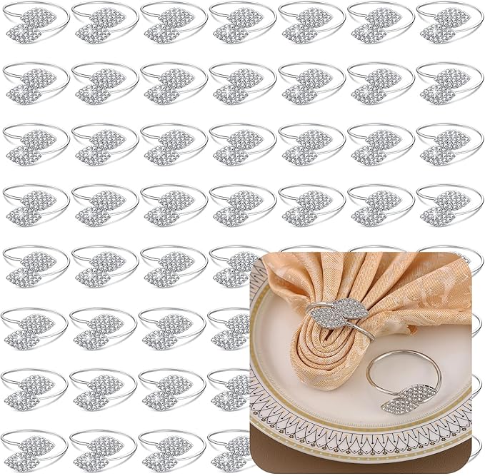 Set of 100 Napkin Rings Metal Silver Elegant Bling Leaves Rhinestone Napkin Rings Bulk Dinner Banquet Serviette Decor, Dining Table Setting for Thanksgiving Christmas Holiday Wedding Party
