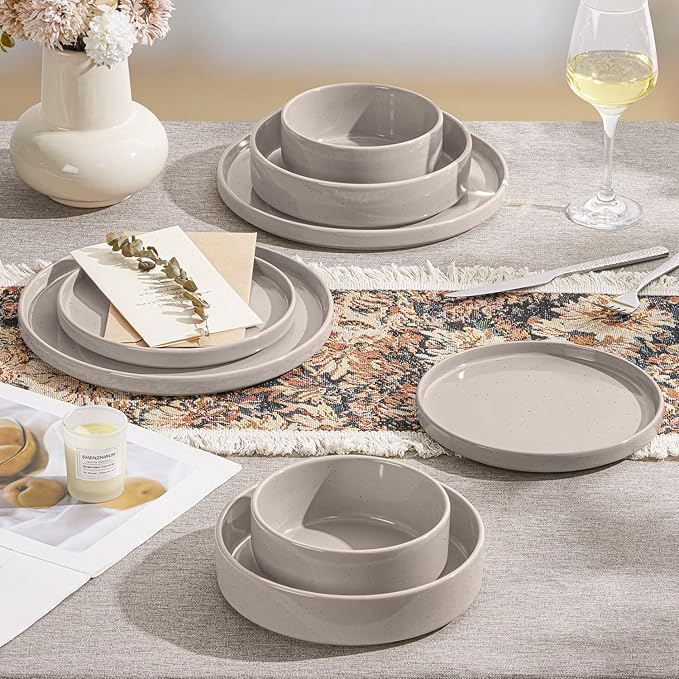 Herogo 16 Piece Plates and Bowls Set, Ceramic Dinnerware Sets with Pasta Bowls, Kitchen Dinner Ware Dishes Service for 4, Chip & Scratch Resistant Dishware, Speckled Coffee Brown