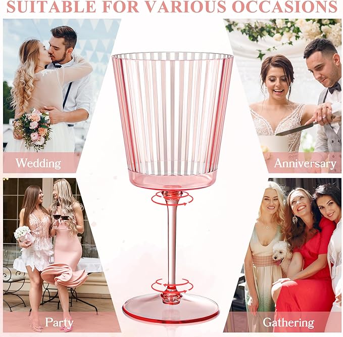 24 PCS Pink Plastic Wine Glasses with Removable Stems 13.5 OZ Ribbed Wine Glass Set Square White Wine Glasses Muted Pastel Colors Goblets Elegant Fluted Glassware for Wedding(Pink, 24 Pack)