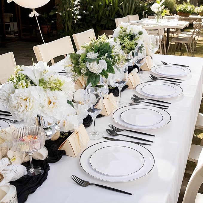EI 100pcs White and Black Disposable Plates for Party,White Plastic Dinner Plates with Black Rim Disposable,Plastic Dessert Plate for Wedding,Family Party,Afternoon Tea Business New Year