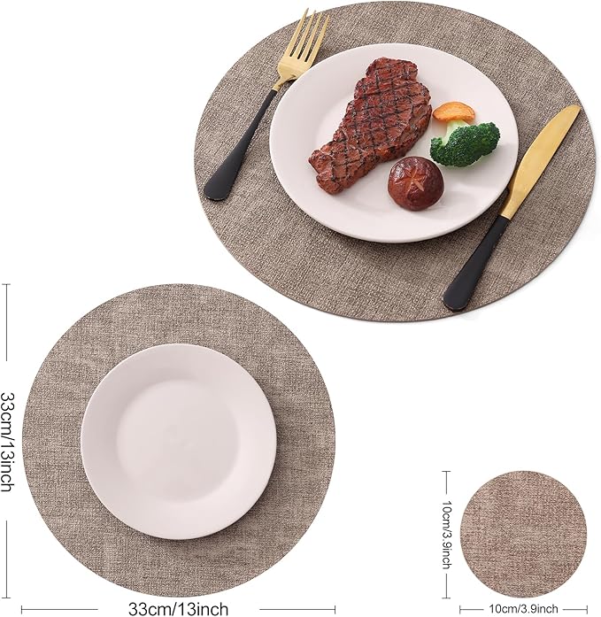 Homaxy Round Faux Leather Placemats and Coasters, Washable Dual-Side Table Mats, Wipeable Heat-Resistant Dining Place Mats for Outdoor and Indoor, Set of 8, Diameter 13 and 3.93 inch, Light Brown