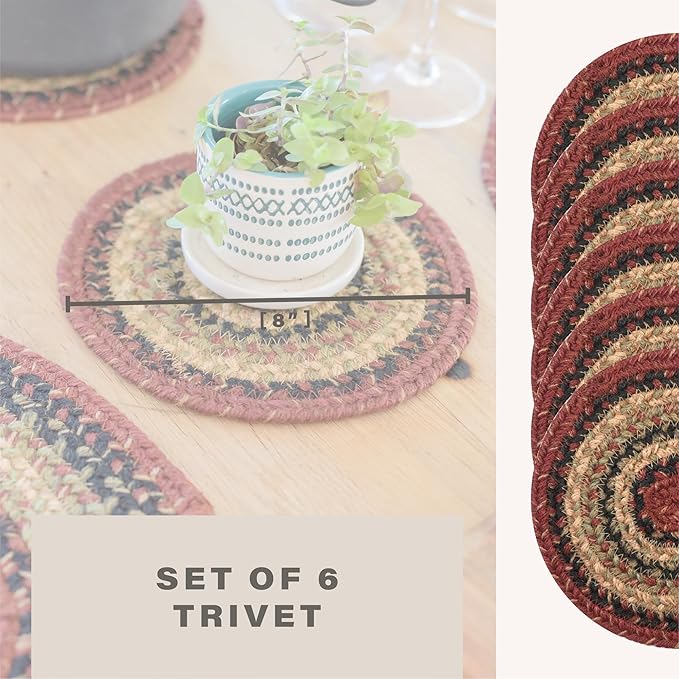 Homespice Highland Jute Braided Kitchen Trivets for Hot Dishes, Warm Country Decor, Set of 6, Multicolor 8" Round Heat Resistant Mat - Rich Colors, Easy to Clean, Durable and Protects Furniture