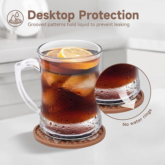 Coasters for Drinks, Silicone Coasters Set of 16 with Metal Holder, Outdoor Coaster for Coffee Table, Non-Slip Rubber Table Cup Mat Desk, Heat Resistant & Scratch-Proof (Tawny)
