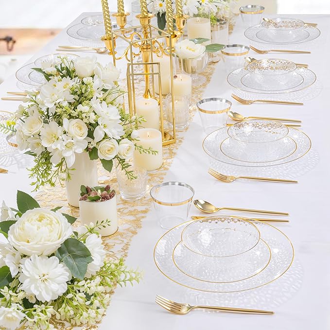I00000 20 Pack 12 Ounce Clear Plastic Bowls Hammered Gold Rimmed, Heavy Duty Disposable Bowl Set,Elegant Ice Cream Bowls For Birthday, Wedding & Party