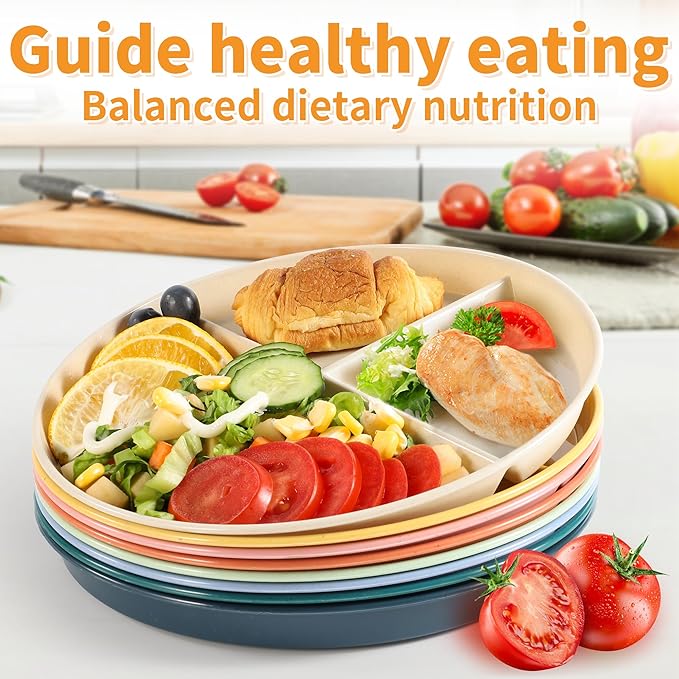 9" Unbreakable Divided Plates (8 PCS). Microwave & Dishwasher Safe! For kids & adults. Wheat straw, BPA - free. Portion control for health/weight loss. 3 -compartment, durable & smooth.