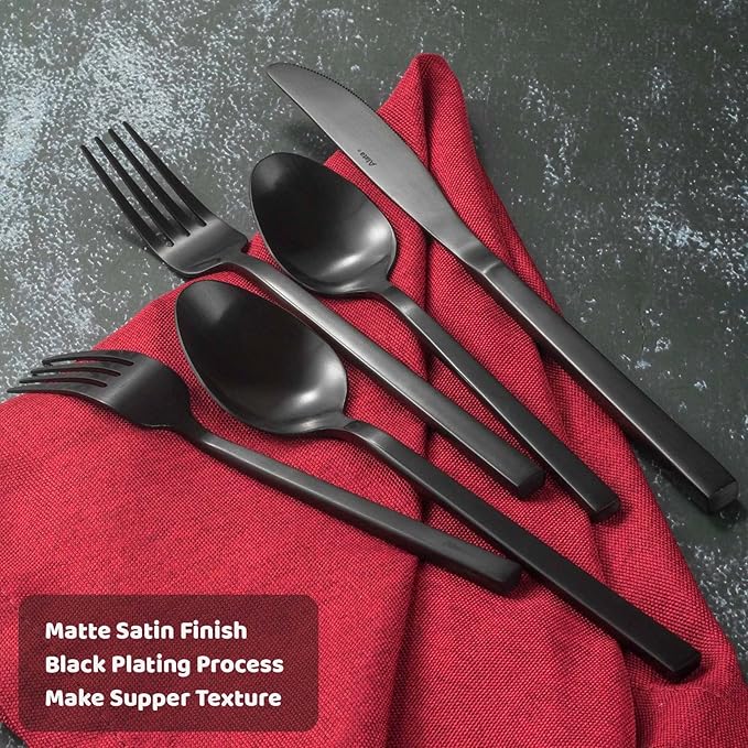 Alata Cube Matte Satin&Cube Black 20-Piece Forged Silverware Set Stainless Steel Flatware Set