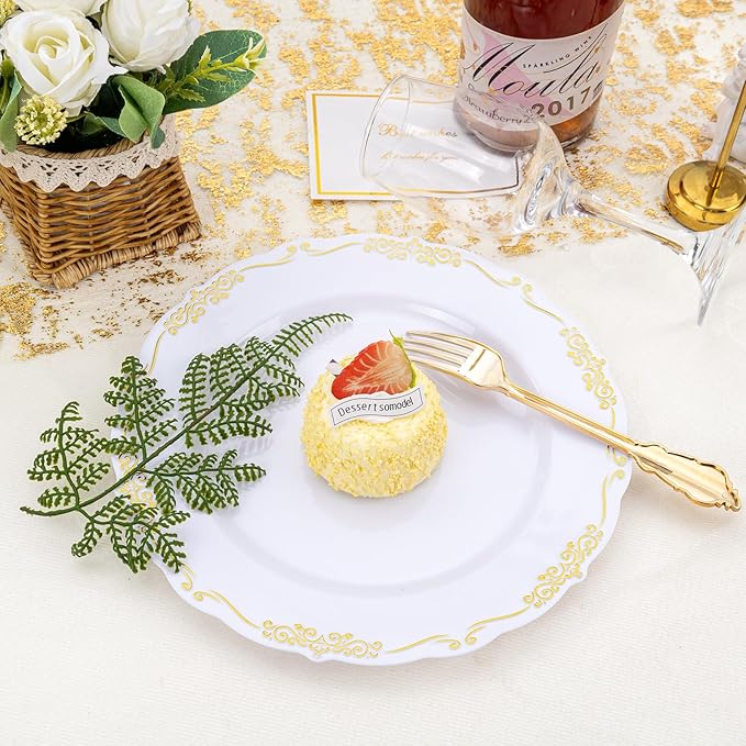 DaYammi 60PCS White and Gold Plastic Plates, Gold Rim Plates Disposable Heavy Duty Disposable Plate Premium 10inch White Dinner Plate Hard Plastic Platos for Party Wedding Bridal Shower