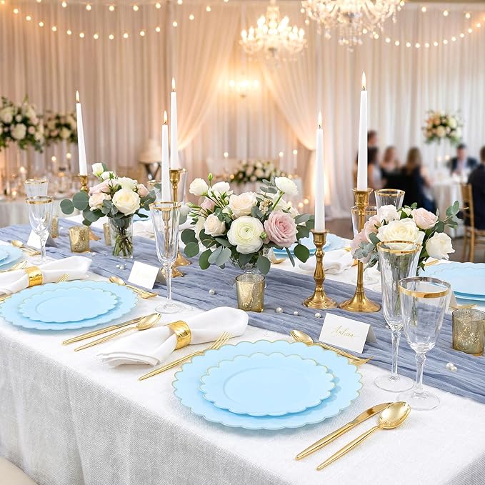 LIYH 120 Pcs Baby Blue Plastic Plates with Gold Edge - Disposable Light Blue Scalloped Baby Shower Plastic Plates Includes 60 Dinner Plate 10.25" & 60 Dessert Plate 7.5" for Birthday Party