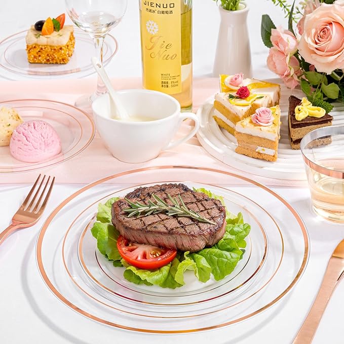 bUCLA 150PCS Clear Rose Gold Disposable Dinnerware set - Rose Gold Plastic Plates Include 25 Dinner / 25 Dessert Plates, 25 Knives, 25 Forks, 25 Spoons, 25 Cups for Party, Wedding & Valentines Day
