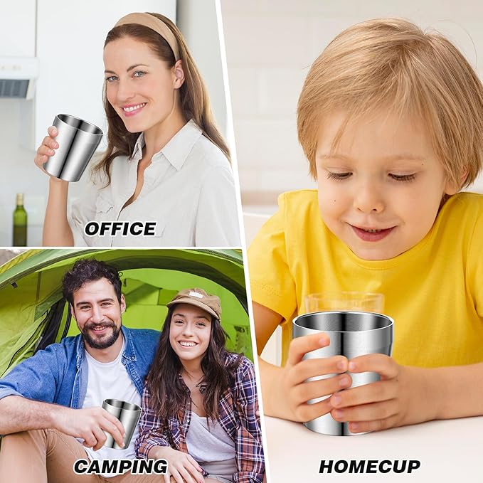12 Pieces 6 oz Stainless Steel Cups Double Wall Insulated Tumblers Glasses Reusable Stackable Mugs Silver Travel Cups Metal Drinking Cups for Adult Home Party BBQ Camping Outdoor