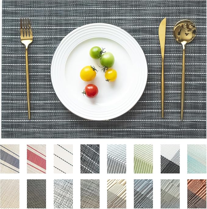 Placemats Set of 6 Vinyl/Plastic Woven Place Mats for Kitchen Table Indoor/Outdoor Washable Placemat Wipeable Dining Table Mats (Black Stripes,6)