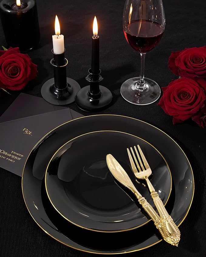 Nervure 100 Pieces Black Plastic Plates - 7.5inch Black Dessert Plates - Disposable Gold Plastic Plate - Disposable Plate Ideal for Wedding & Party