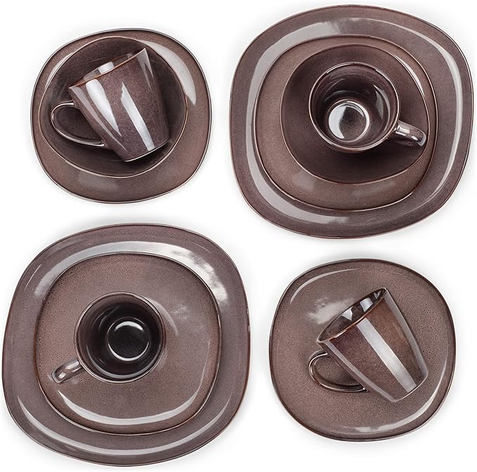 Elanze Designs 16-Piece Modern Luxury Chic Smooth Vintage Handmade Shape High Gloss Ceramic Stoneware Square Plate Mug & Bowl Kitchen Dinnerware 16 Piece Set - Service for 4, Plum Purple