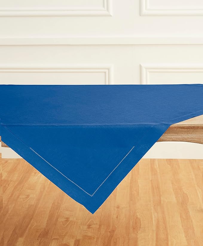 Solino Home Linen Square Tablecloth 52 x 52 Inch - 100% Pure Linen Indigo Blue Table Throw - Classic Hemstitch, Machine Washable Table Cloth for Spring, Easter