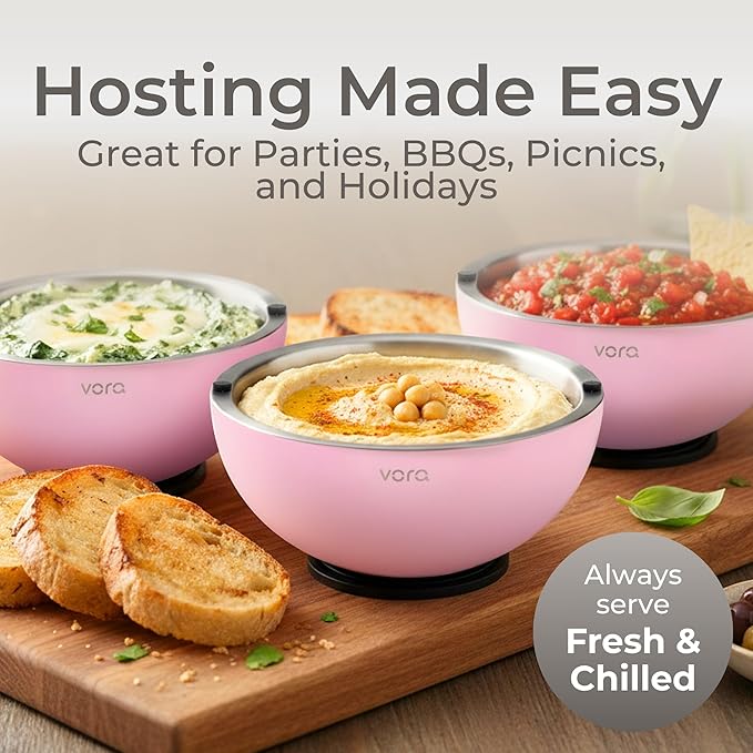 Vora 35oz Dip Chiller Bowl with Lid | 1 Pack Pink Stainless Steel Chilled Serving Bowl Keep Dips, Salads, and Appetizers Perfectly Cold with Leak-Resistant Ice Bowl for Effortless Hosting
