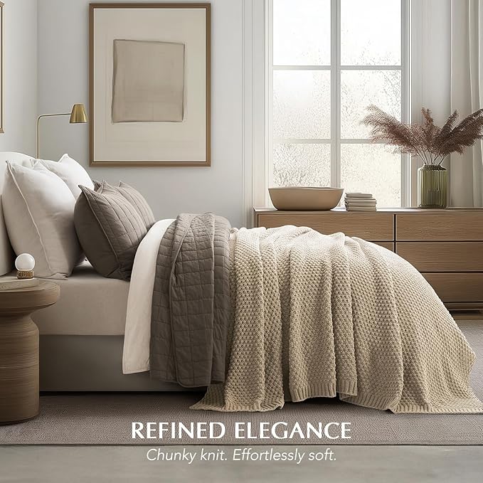 EVERGRACEHOME Chunky Chenille Knit Throw Blanket for Couch, Soft Luxurious Oversized Queen Moss Stitch Blanket for Bed, Large Cozy Farmhouse Knitted Throw for Sofa, Sand Dune, 90" x 90"