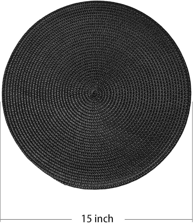 AHHFSMEI Round Braided Placemats 15 Inch Round Table Mats for Dining Tables Natural Woven Heat Resistant Place mats Set of 6 (Black)
