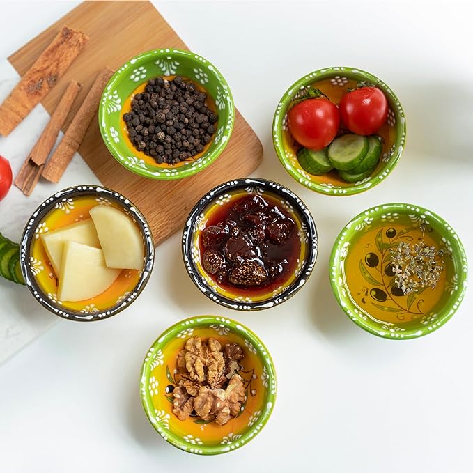 Ceramic Small Dipping Bowls Set of 6, 3.5 Oz Soy Sauce Dish, Handmade Charcuterie, Colorful Pinch, Dishwasher & Microwave Safe Sauce, 3.2'' Mini (OLIVE BRANCH)
