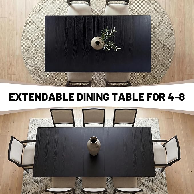HNY Extendable Wood Dining Table for 4-8, 71" Inch Modern Rectangular Kitchen Tables with Wooden Base Farmhouse Dinner Table for Dining Room, Living Room, Home, Black
