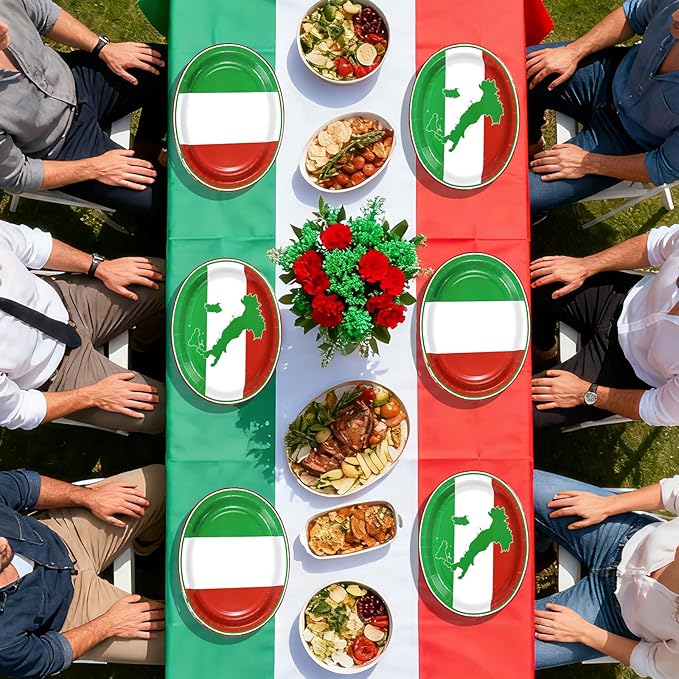 50Pcs Italian Flag Oval Paper Plates 10" x 12" Large Heavy Duty Italian Flag Disposable Dinner Plates Red White and Green Dessert Platters for Pizza Baby Shower Family Gathering Party Decorations