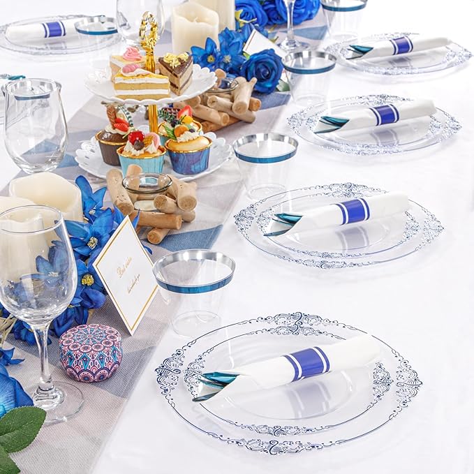 Hioasis 350pcs Clear Blue Plastic Plates - Elegant Disposable Dinnerware Set Suitable for 50 Guests Include 10.25" Dinner & 7.5" Dessert Plates, Pre Rolled Silverware Set, Cups for Party & Wedding