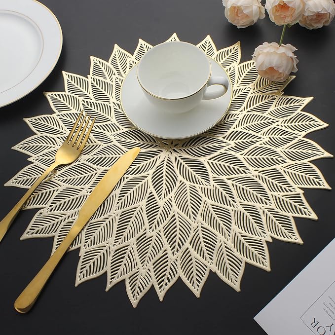 Placemats Set of 8, Round Hollow Out Flowers Place Mats for Dining Table Pressed Vinyl Blooming Leaf Table Mats for Holiday Party Wedding Accent Centerpiece Dinner Table Decoration (Gold)