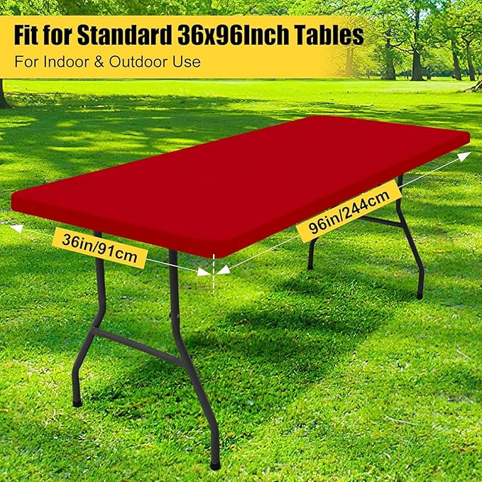 Smiry Rectangle Picnic Table Cloth, Waterproof Elastic Fitted Tablecloths for 8 Foot Tables, Washable Polyester Table Cover for Camping, Indoor and Outdoor (Red, 36"x96")