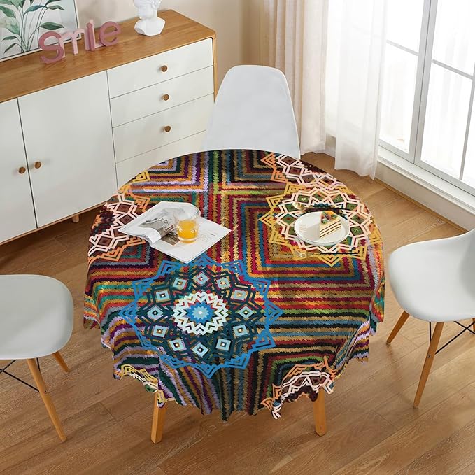 Laeacco 48 Inch Colorful Patchwork Round Tablecloth Woven Flowers Geometric Abstract Art Print Table Cloth Washable Waterproof Wrinkle Free Table Cover for Kitchen Dining Picnic Party Decoration