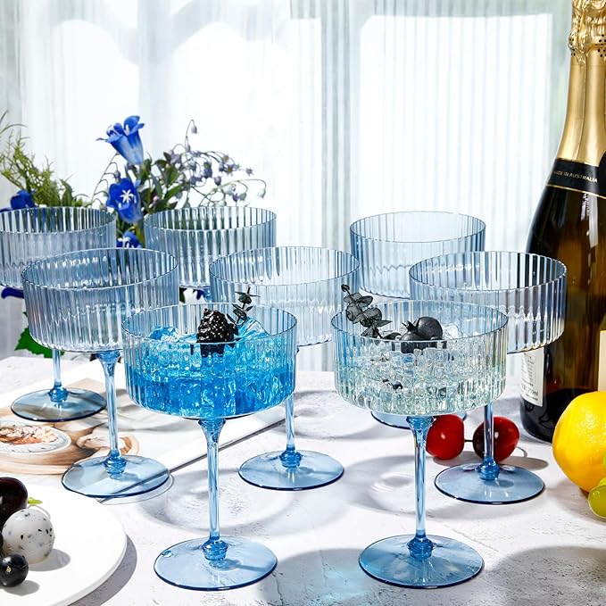 24 Pcs Ribbed Martini Glasses 10 oz Disposable Plastic Vintage Ribbed Coupe Glasses Unbreakable Dessert Parfait Glassware for Wedding Birthday Party Supplies (Blue)