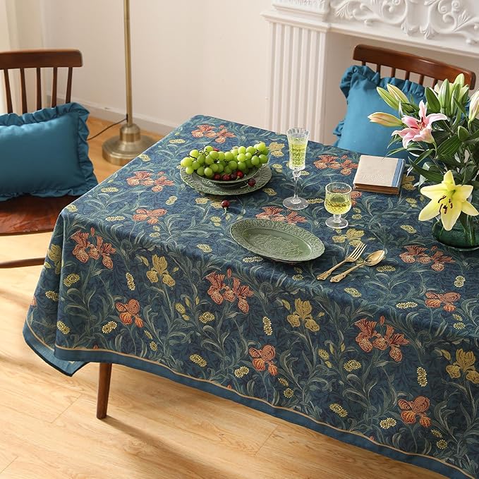 patdrea Designer Dark Blue Linen Rectangle Tablecloth,Vintage French Rustic Floral Pattern Tablecloths,Decorative Table Cover Cloth for Kitchen,Dining,Tea Party,Home,Christmas,55"*87"