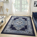 Modern 8 x 10 Rug for Living Room - Navy Oriental Large Area Rugs for Living Room, Dining & Bedroom - Hand Carved Runner Carpet - Durable Polyester - Non-Fade, Stain-Resistant - Turkish Made